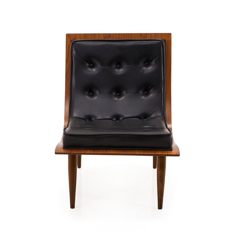 Wood & Black Leather Tufted Mid Century Lounge Chair