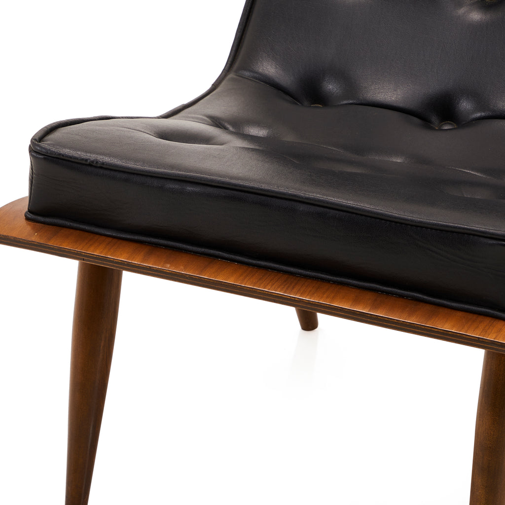Wood & Black Leather Tufted Mid Century Lounge Chair