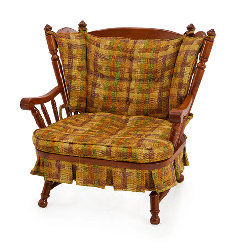 Granny Wood Armchair with Yellow Plaid Cushions