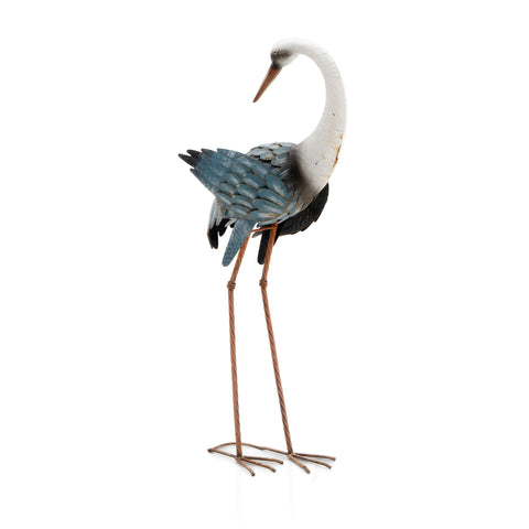Blue & White Metal Crane Bird Sculpture