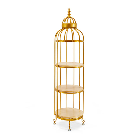 Gold Birdcage Display Unit with Wood Shelves