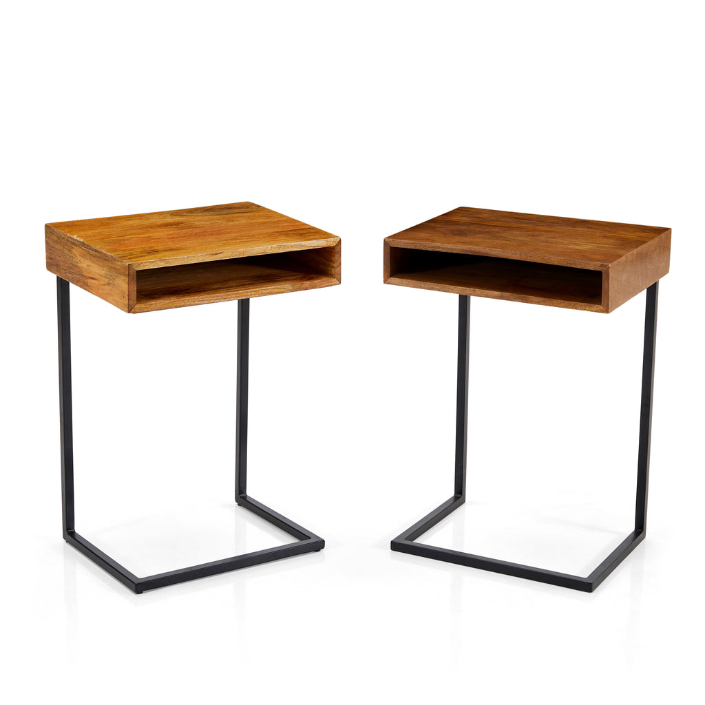 Wood & Black Metal Contemporary Side Table Light