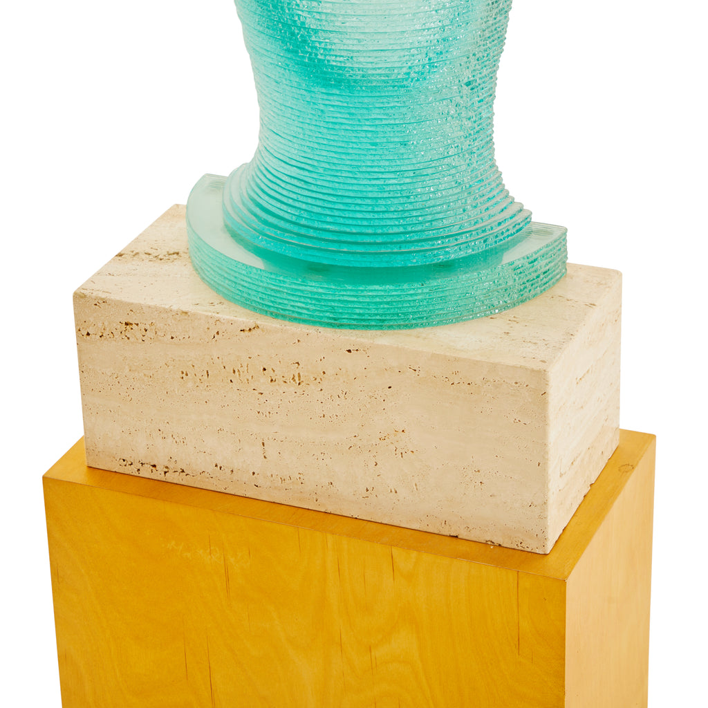 Wood & Stone Deco Pedestal with Blue Glass Vase Sculpture