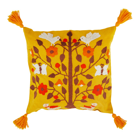 Yellow & Brown Tree Embroidered Pillow