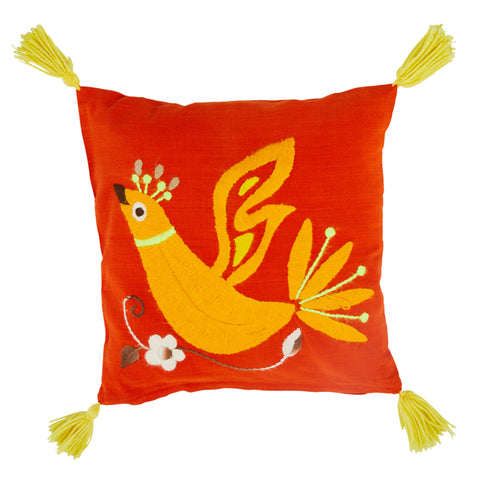 Red & Orange Bird Embroidered Pillow