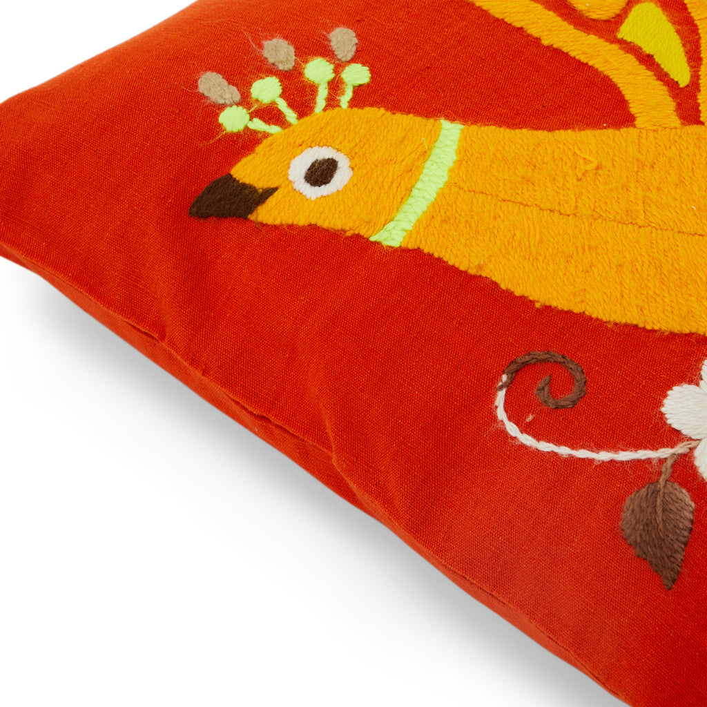 Red & Orange Bird Embroidered Pillow