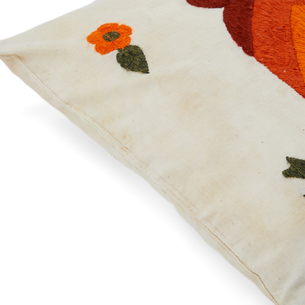 White & Orange Owl Embroidered Pillow