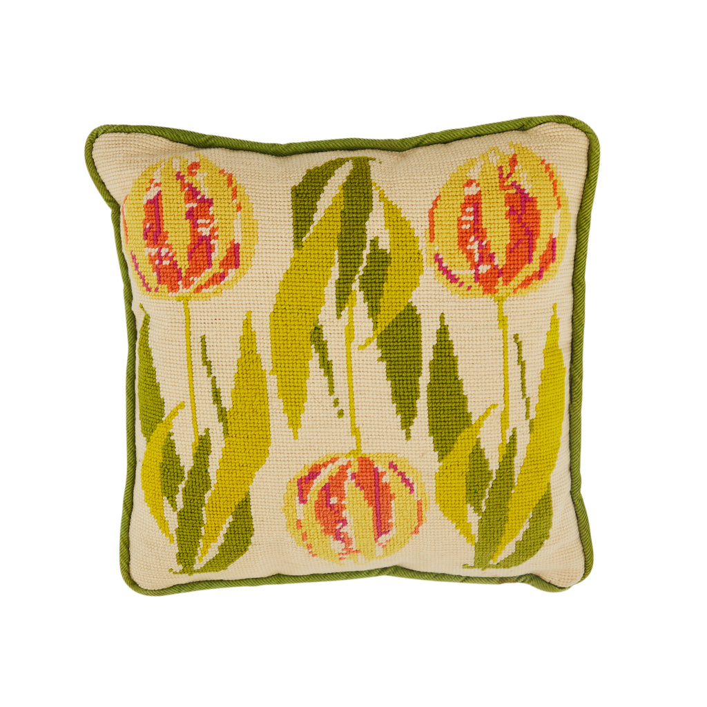 Green & Orange Flower Needlepoint Pillow