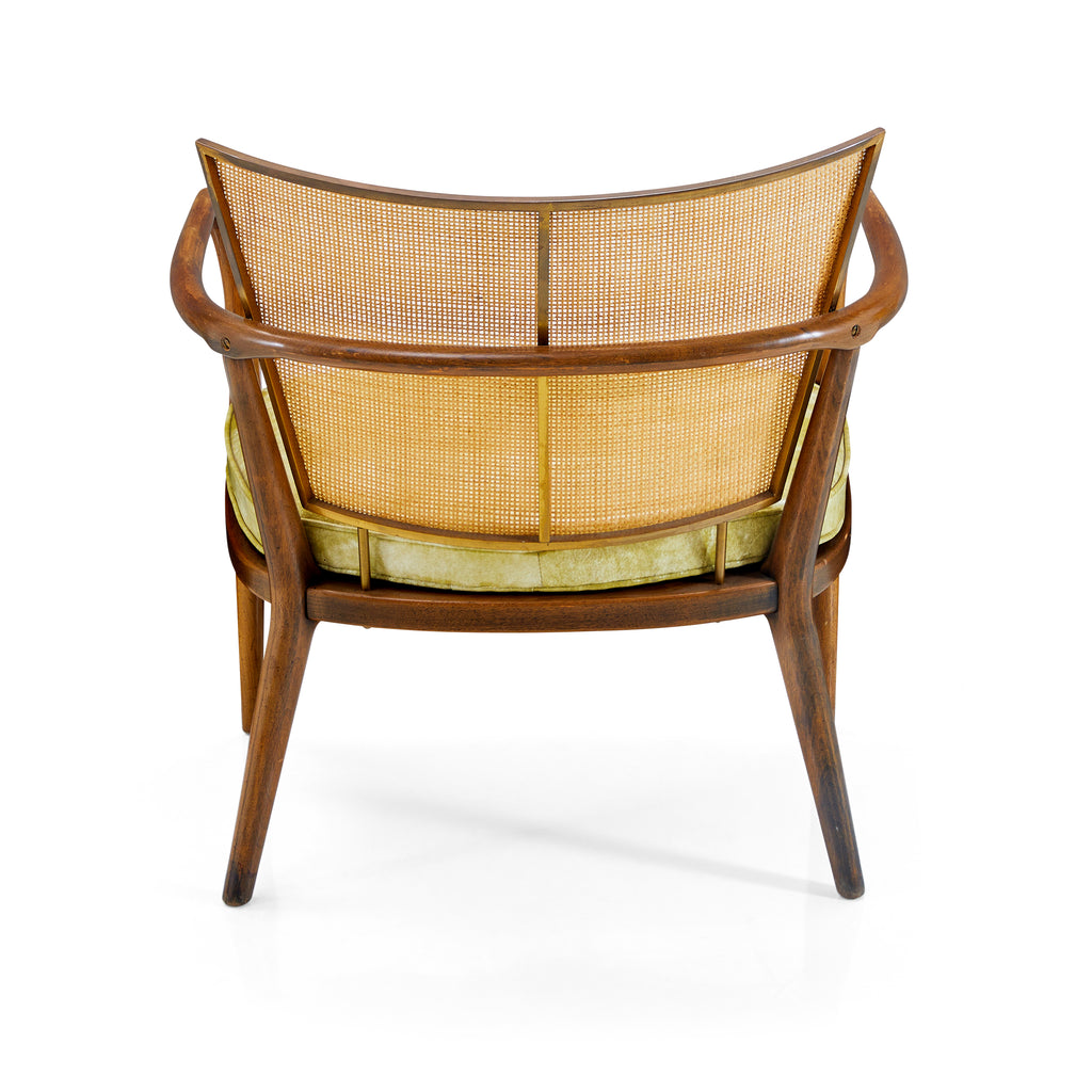 Wood & Cane Mid Century Arm Chair with Green Vinyl Cushion