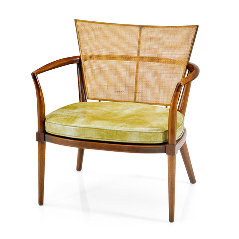 Wood & Cane Mid Century Arm Chair with Green Vinyl Cushion
