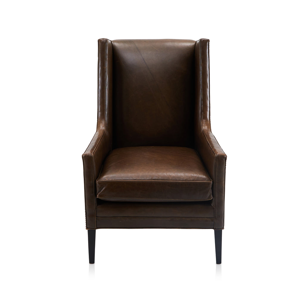 Brown Leather Angled Wingback Lounge Chair