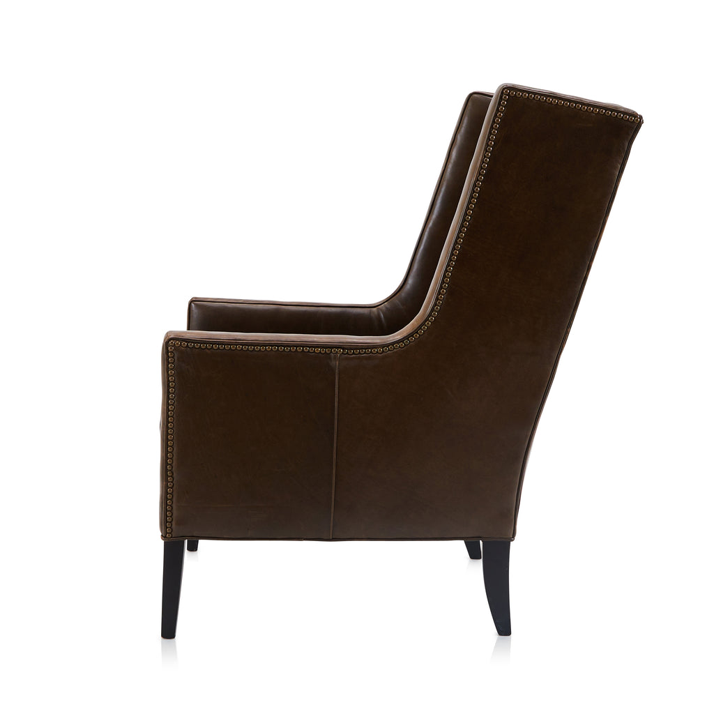 Brown Leather Angled Wingback Lounge Chair