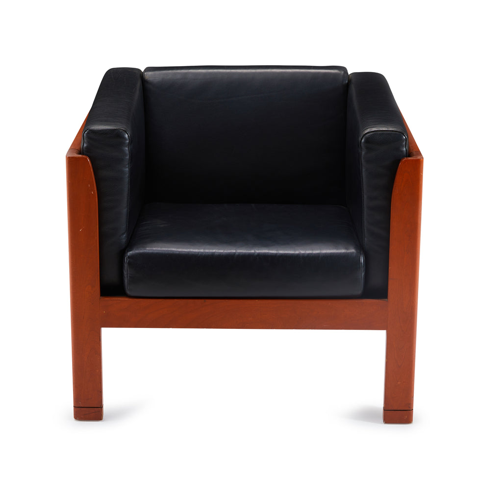 Black Leather & Wood Square Modern Arm Chair