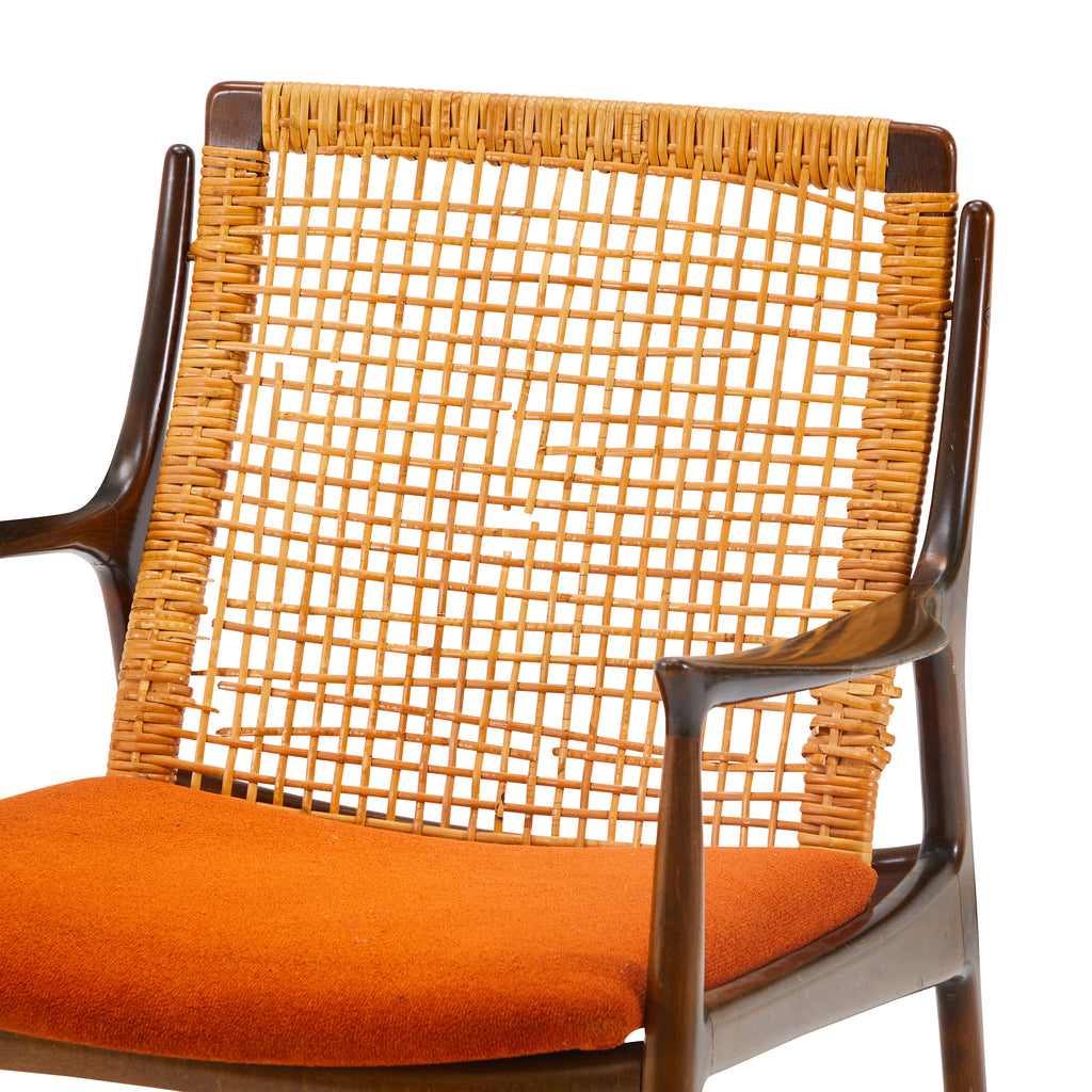 Orange & Wood Wicker-Back Mid Century Lounge Chair