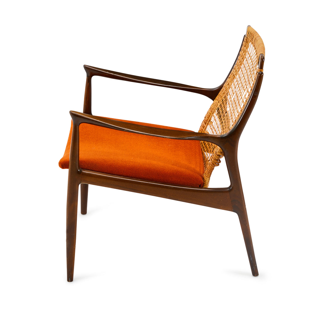 Orange & Wood Wicker-Back Mid Century Lounge Chair
