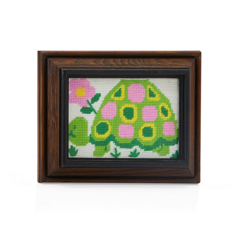 Green & Pink Floral Wood Framed Needlepoint Artwork