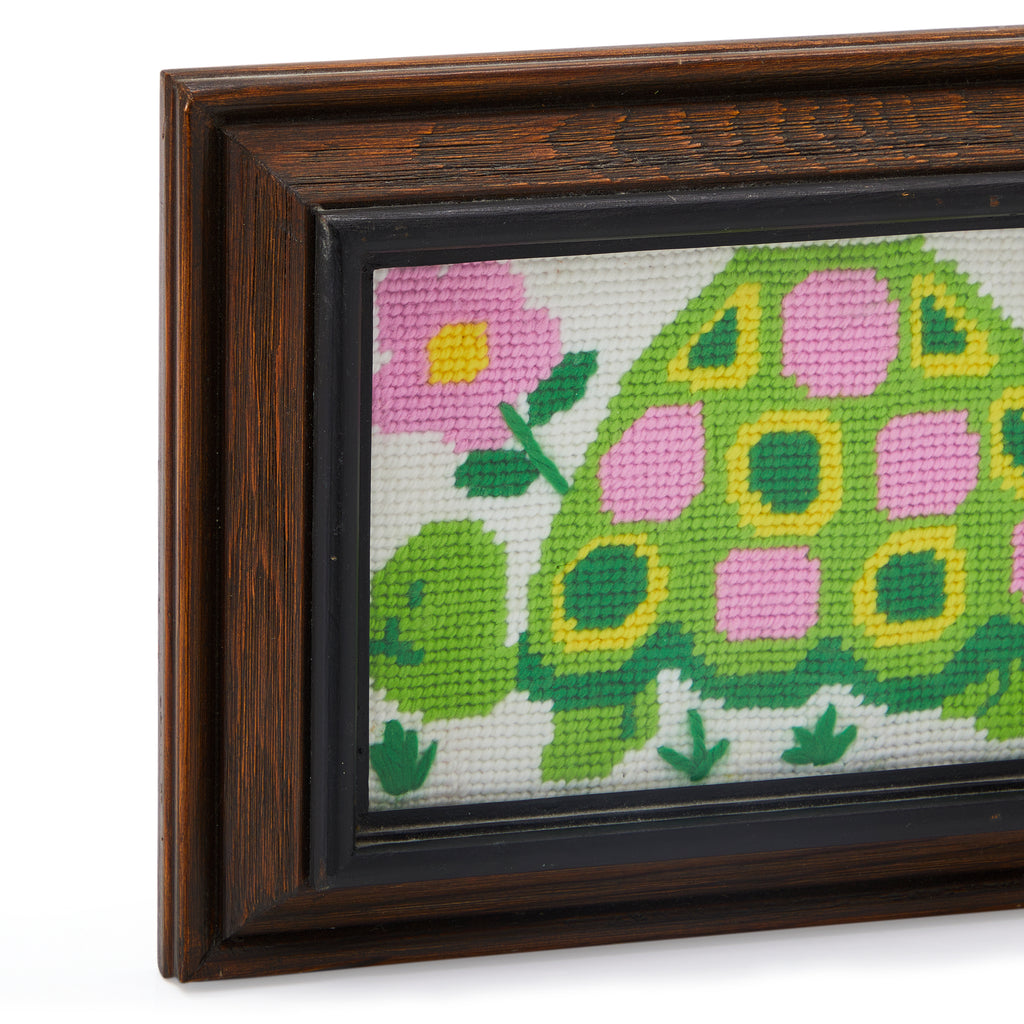 Green & Pink Floral Wood Framed Needlepoint Artwork