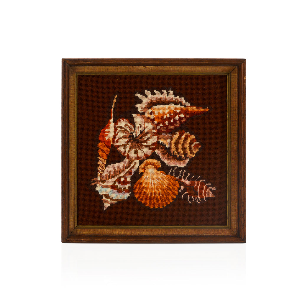 Brown Shell Still Life Wood Framed Needlepoint Artwork