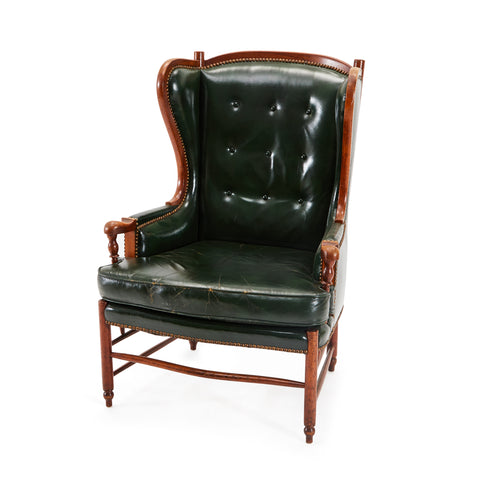 Green Leather & Wood Vintage Wingback Arm Chair