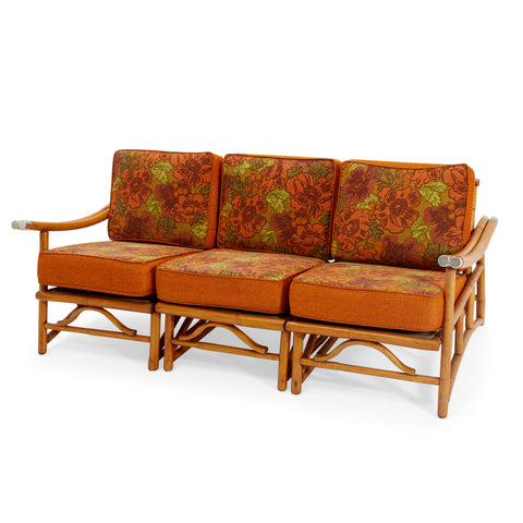 Orange Floral & Wood Sofa