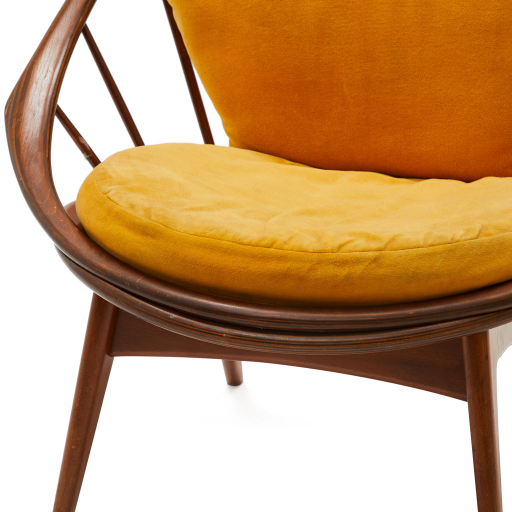 Yellow & Wood Walnut Hoop Spindle Back Mid Century Lounge Chair