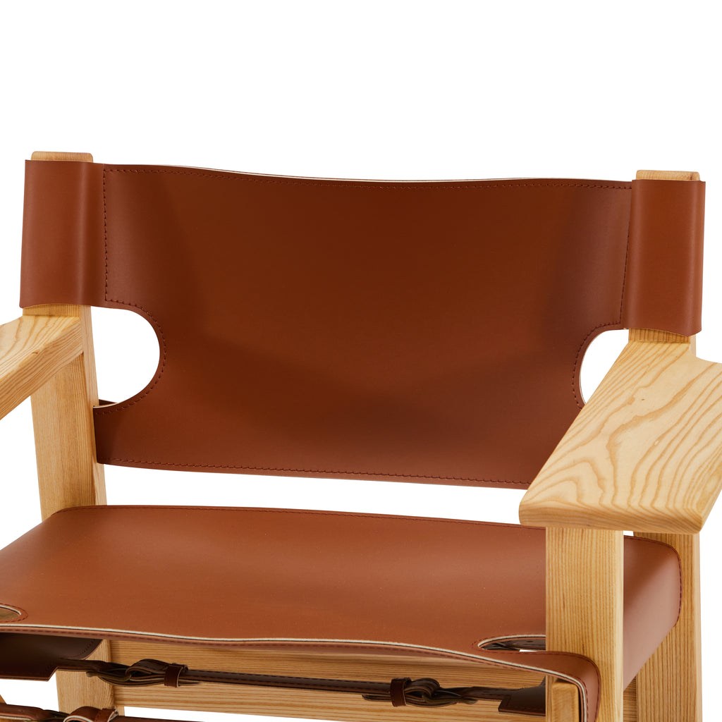 Wood & Brown Leather Contemporary Sling Arm Chair