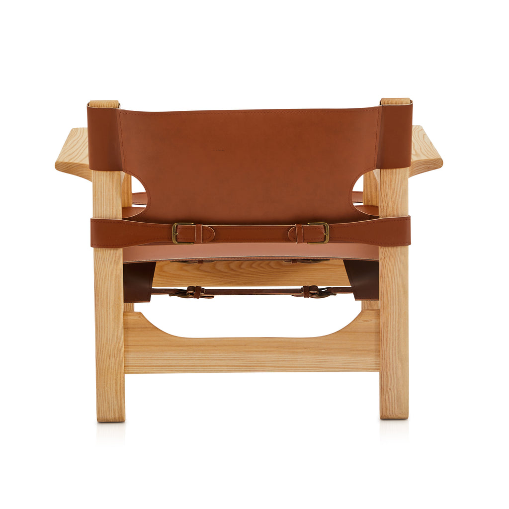 Wood & Brown Leather Contemporary Sling Arm Chair