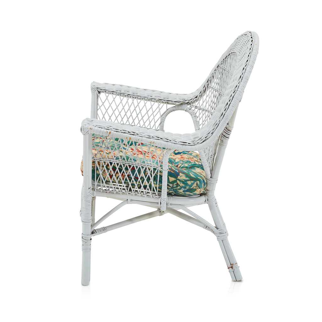 White Wicker & Floral Cushion Outdoor Lounge Chair