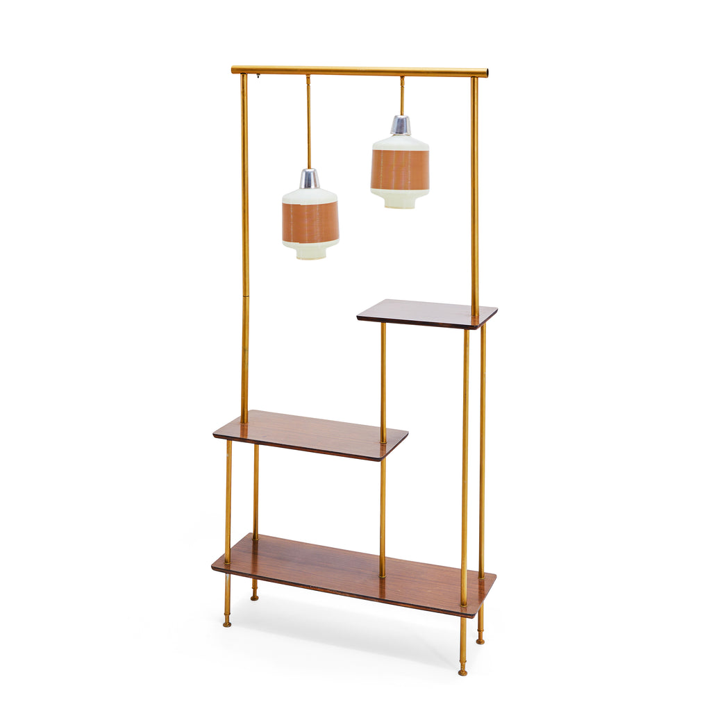 Wood & Brass Contemporary Shelf with Double Hanging Pendant Lamp