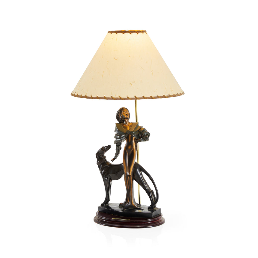 Black & Bronze Female Figure & Dog Statue Table Lamp