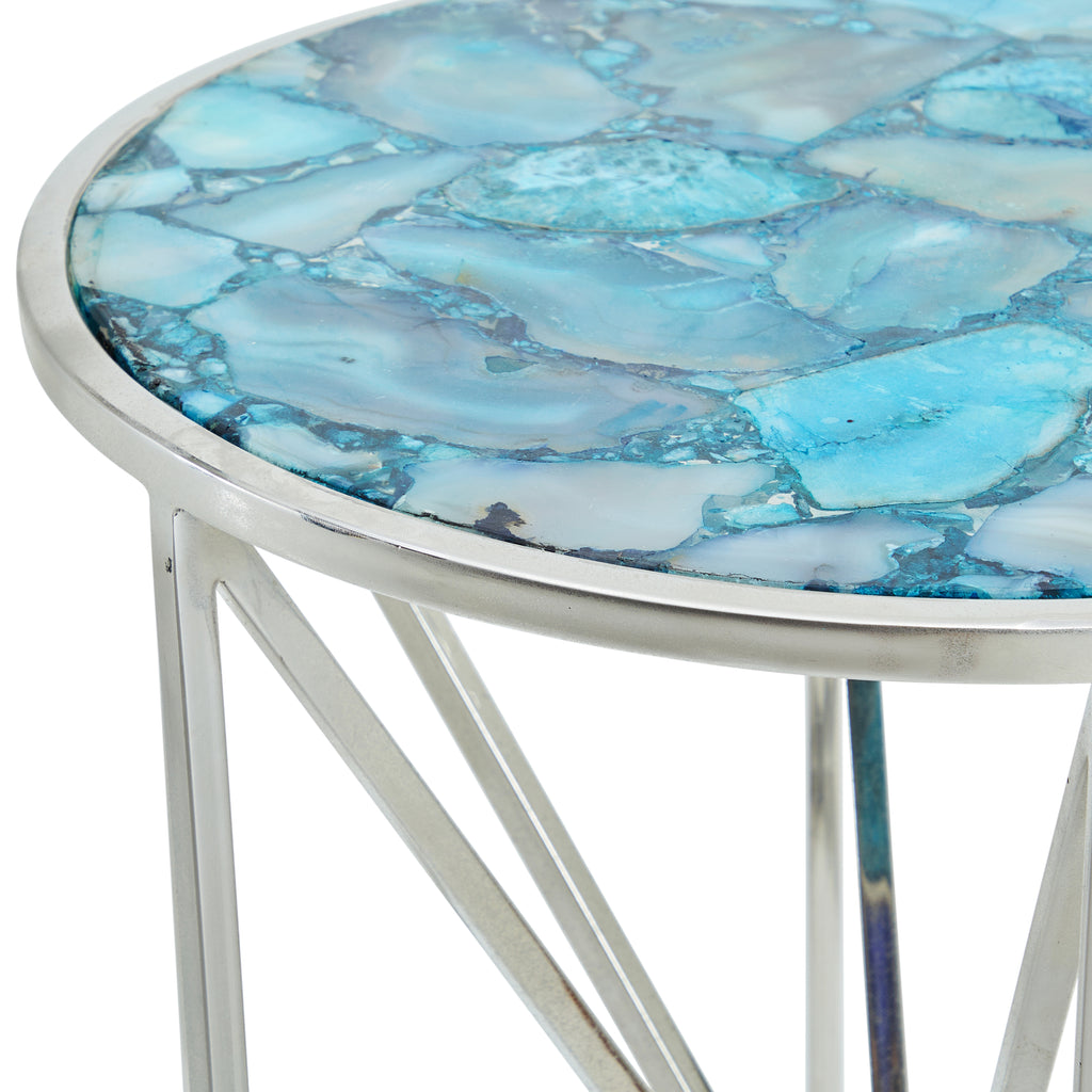 Silver & Blue Geode Top Circular Side Table
