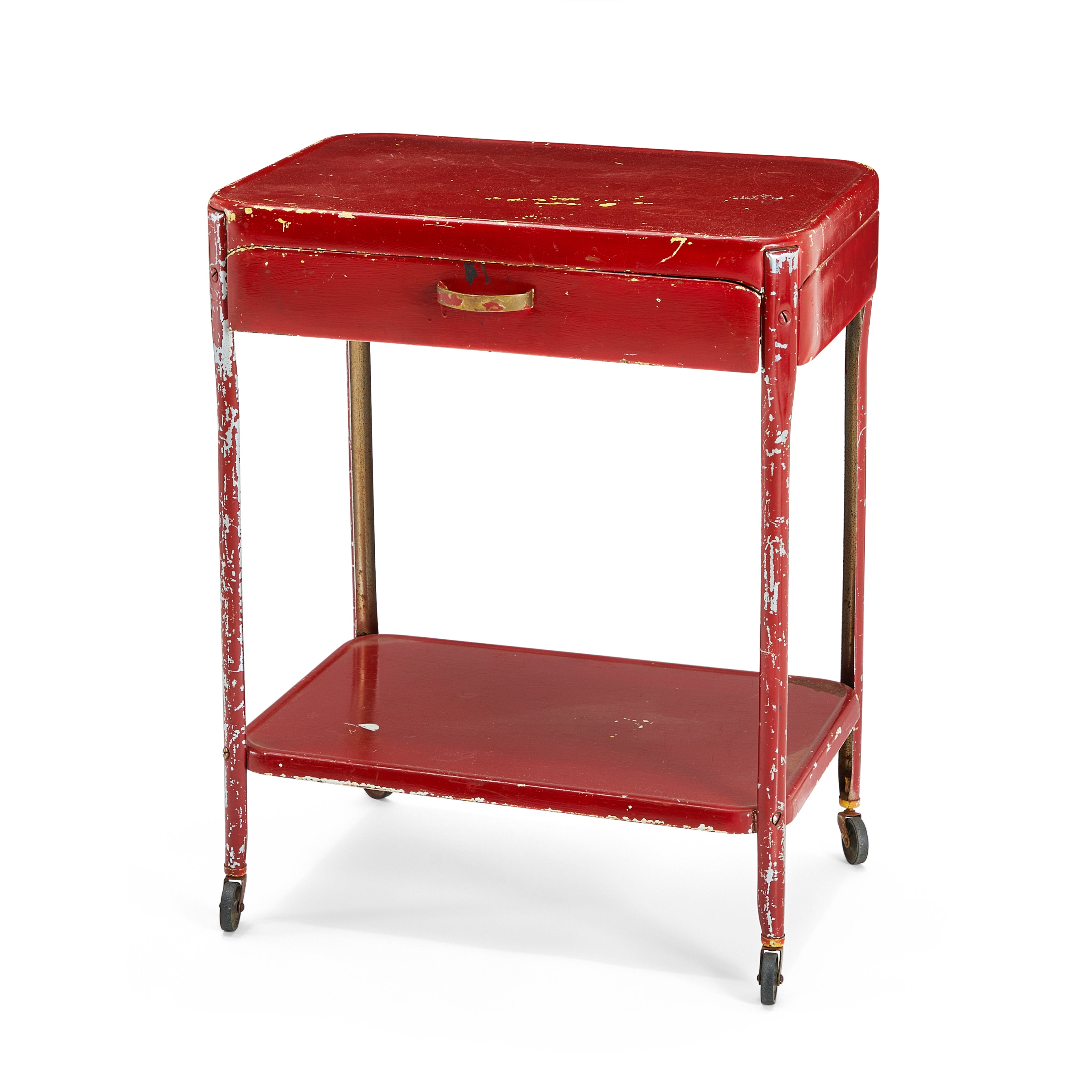 Red Weathered Rustic Rolling Metal Table - Gil & Roy Props