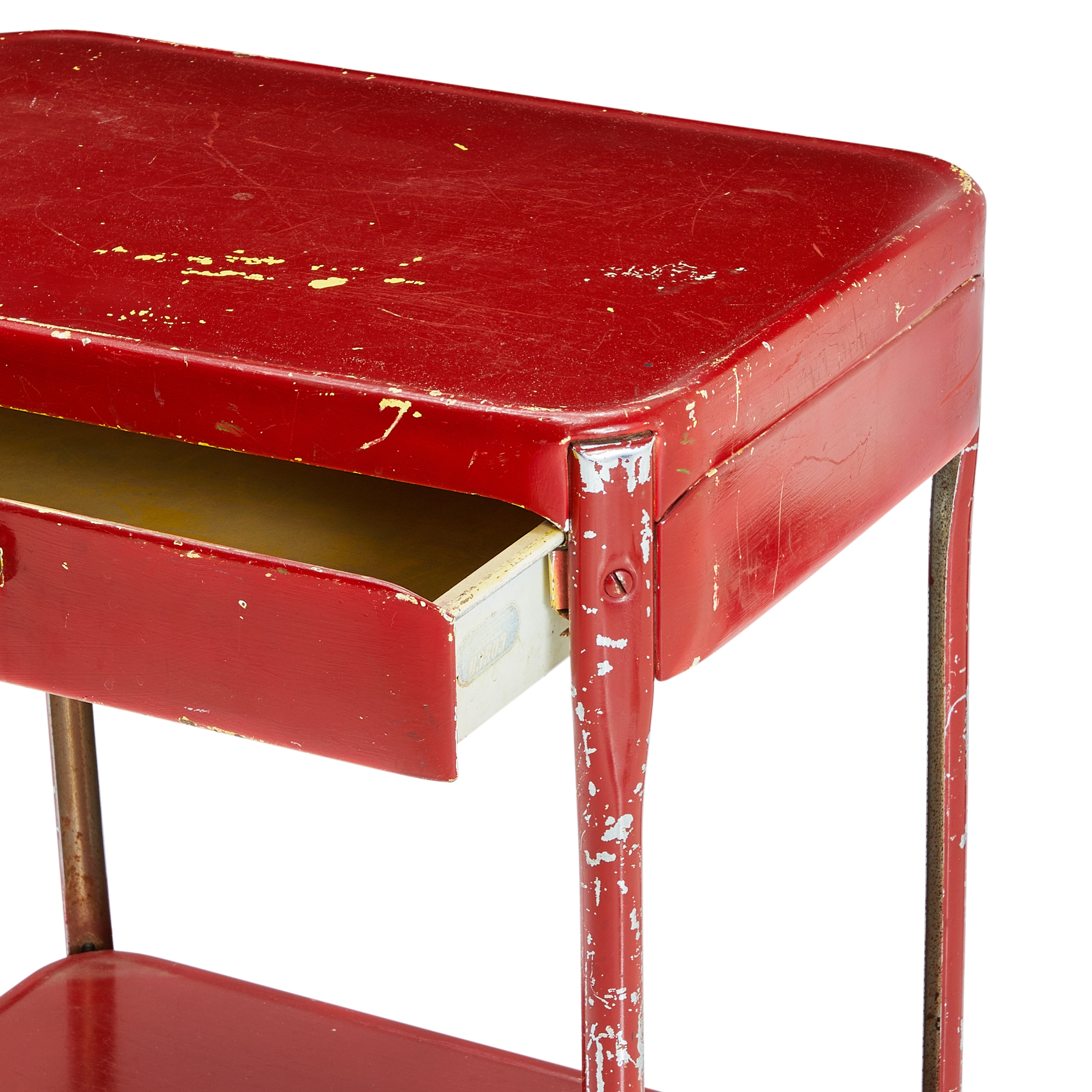 Red Weathered Rustic Rolling Metal Table - Gil & Roy Props