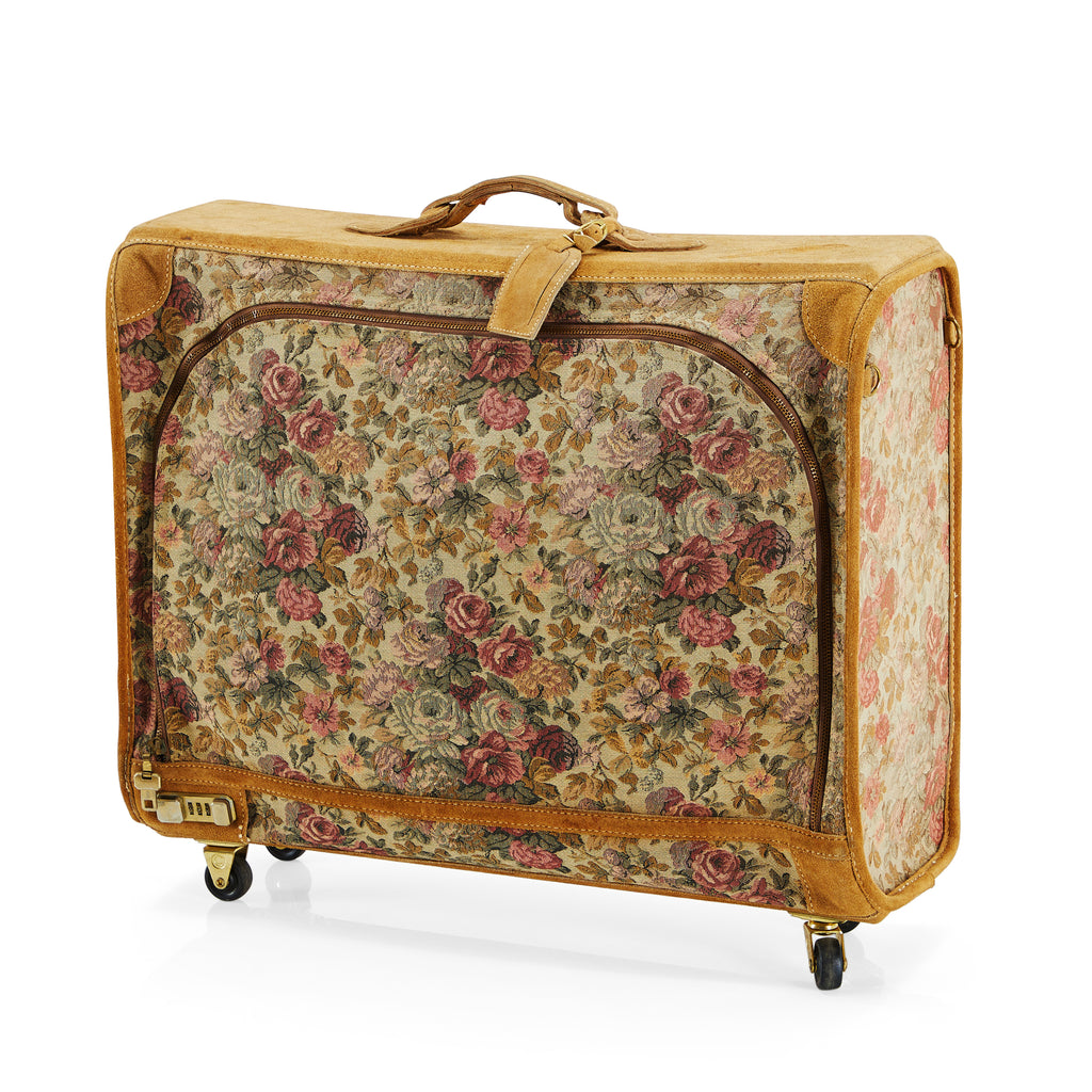 Tan Suede & Floral Vintage Rolling Suitcase Small