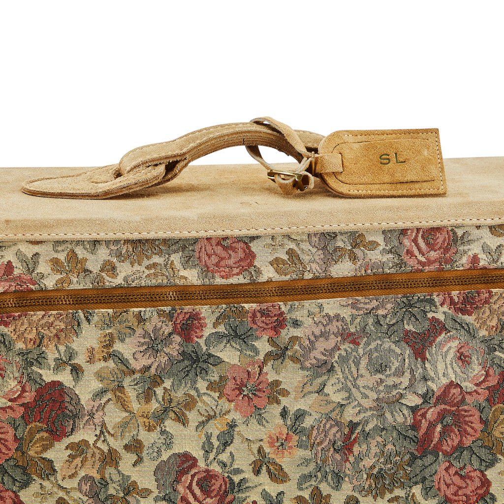 Tan Suede & Floral Vintage Rolling Suitcase Large