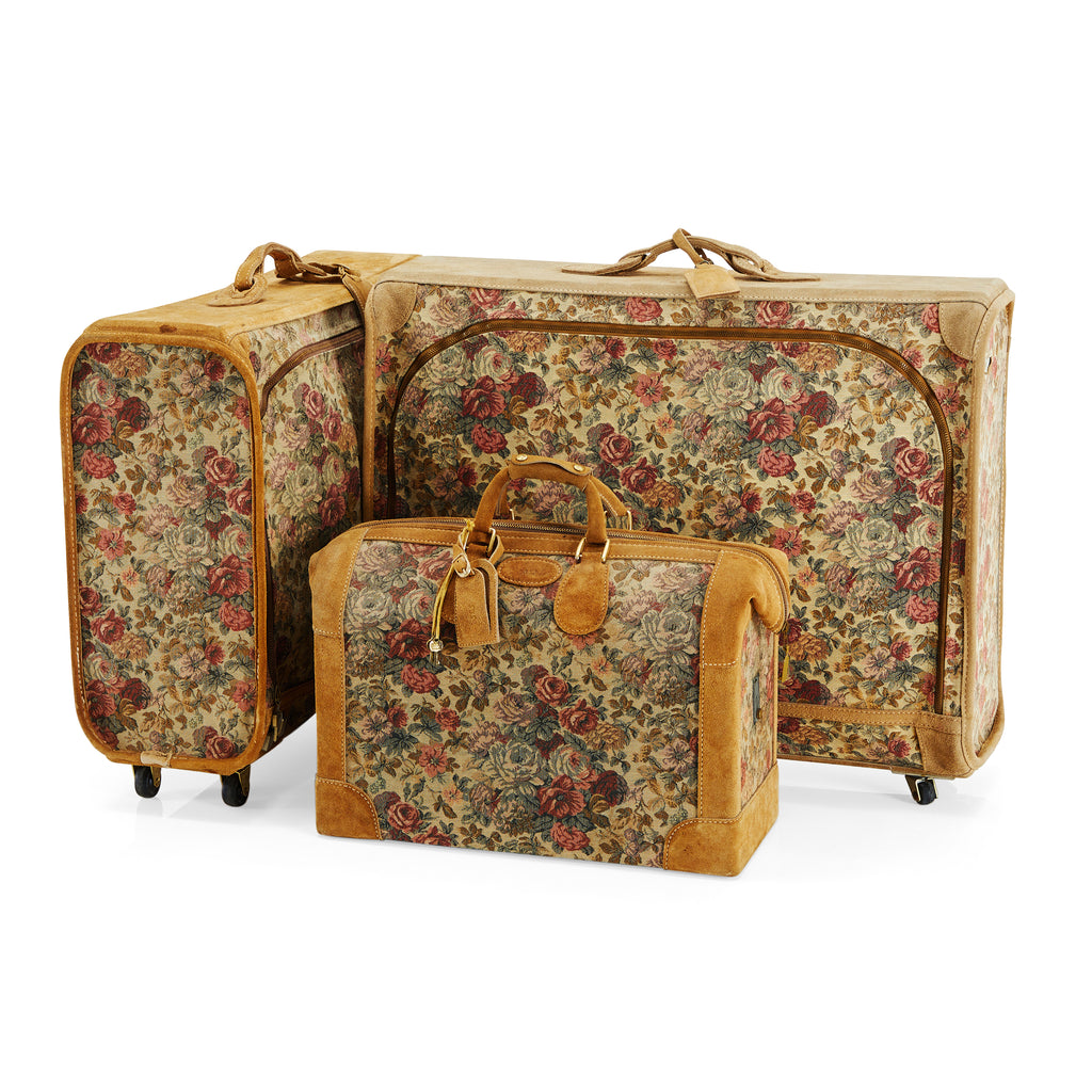 Tan Suede & Floral Vintage Rolling Suitcase Large