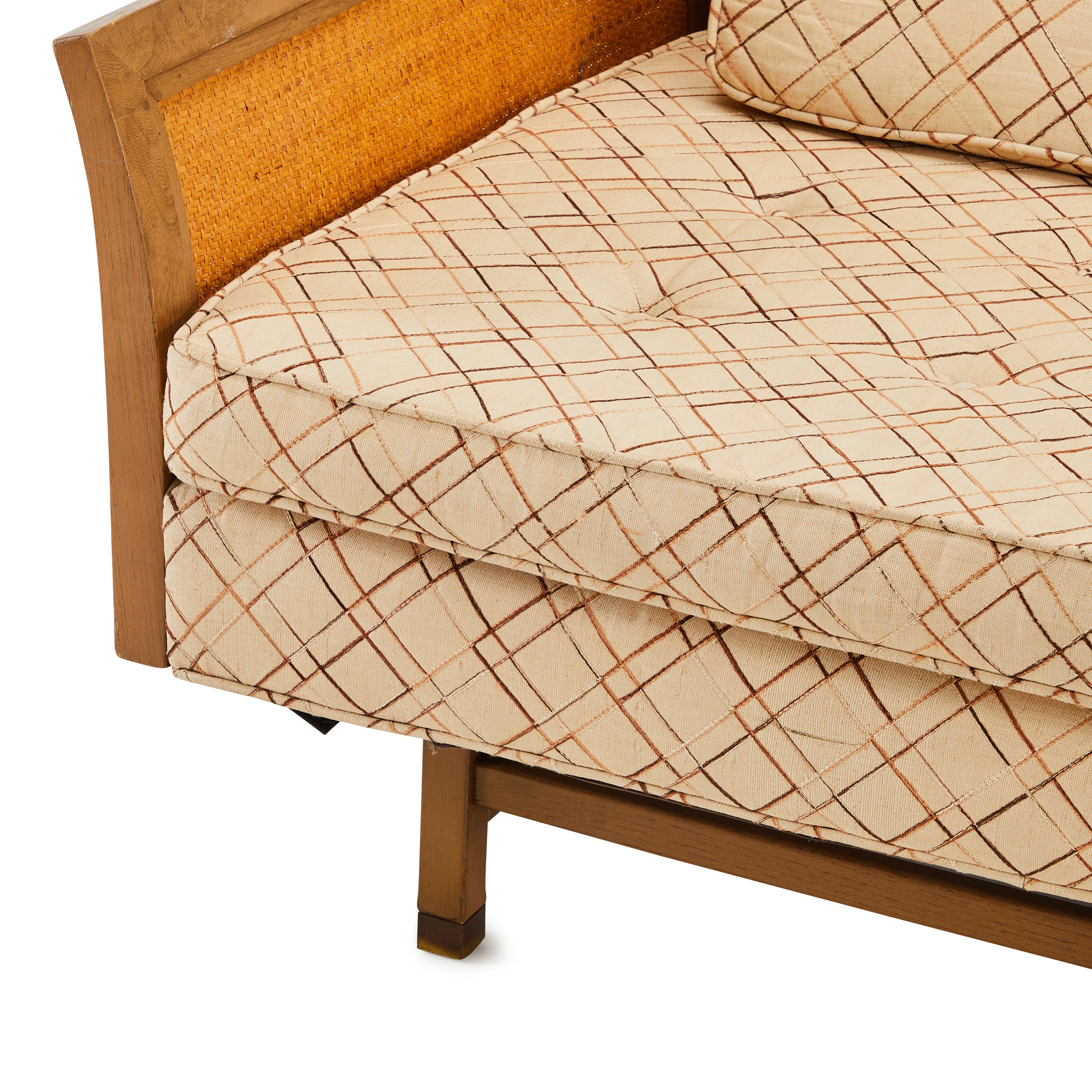 Tan Crosshatch Pattern Vintage Wood Frame Sofa - Gil & Roy Props