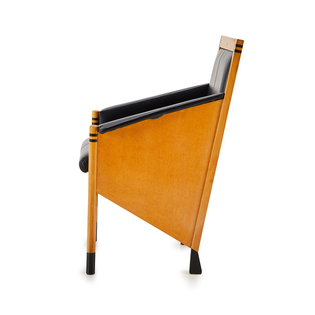 Black Leather & Wood Modern Angular Arm Chair