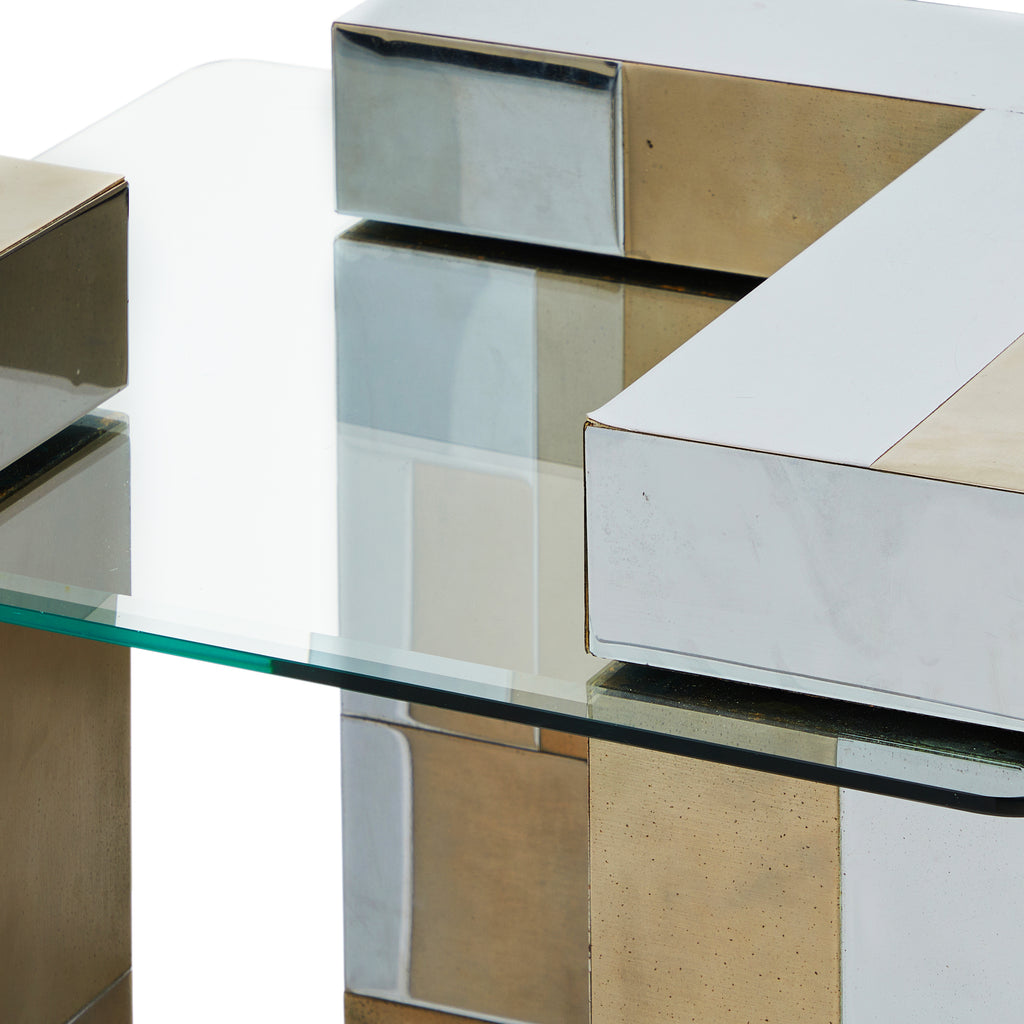 Gold & Silver Metal Geometric Modern Glass-Top Table