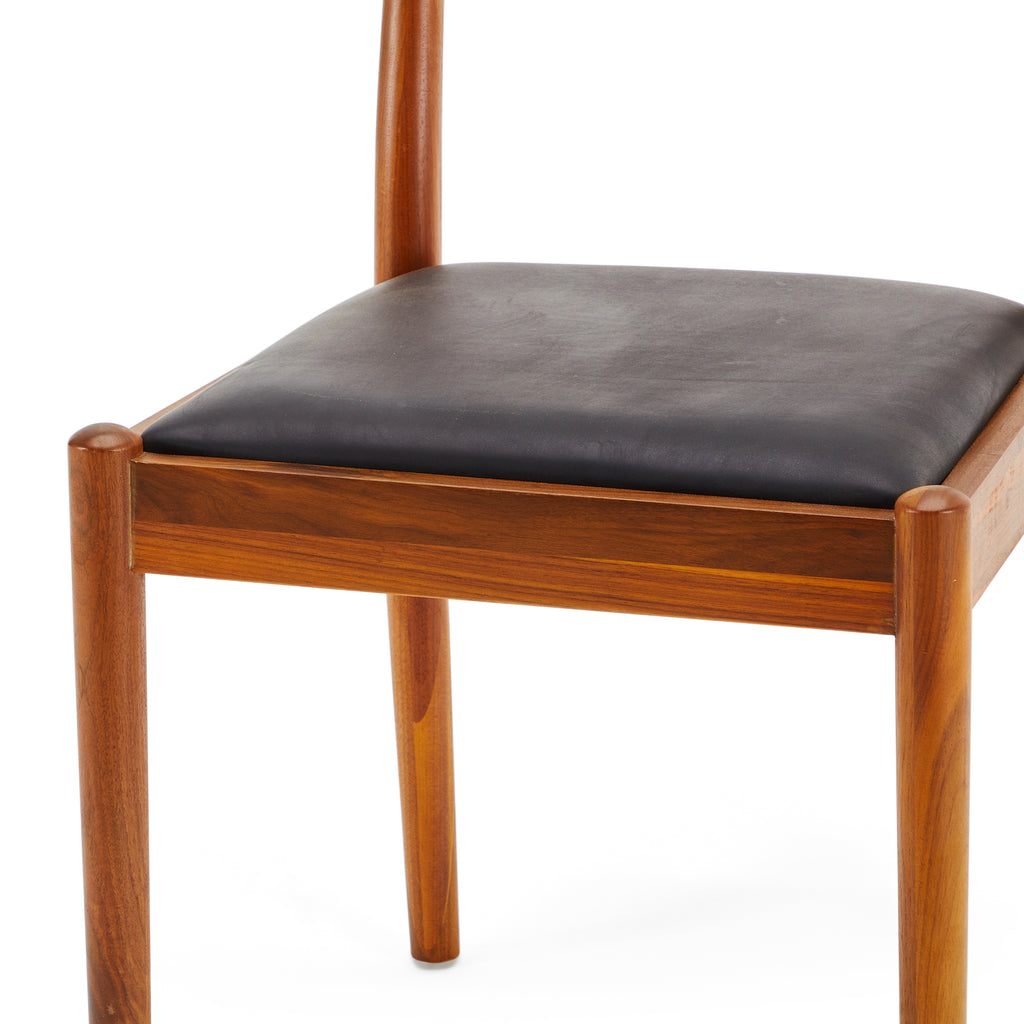 Wood & Black Leather Seat Mid-Century Side Chair