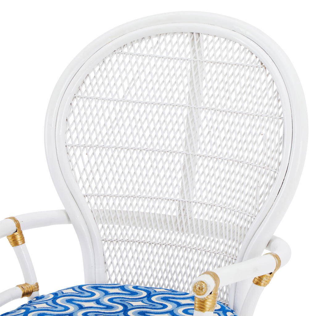White Rattan & Blue Cushion Outdoor Arm Chair