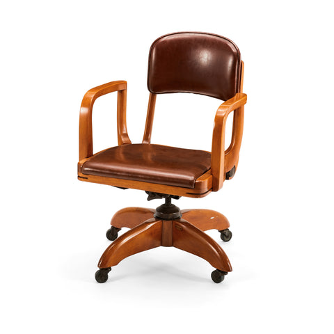 Brown Leather & Wood Mid Century Vintage Rolling Office Chair
