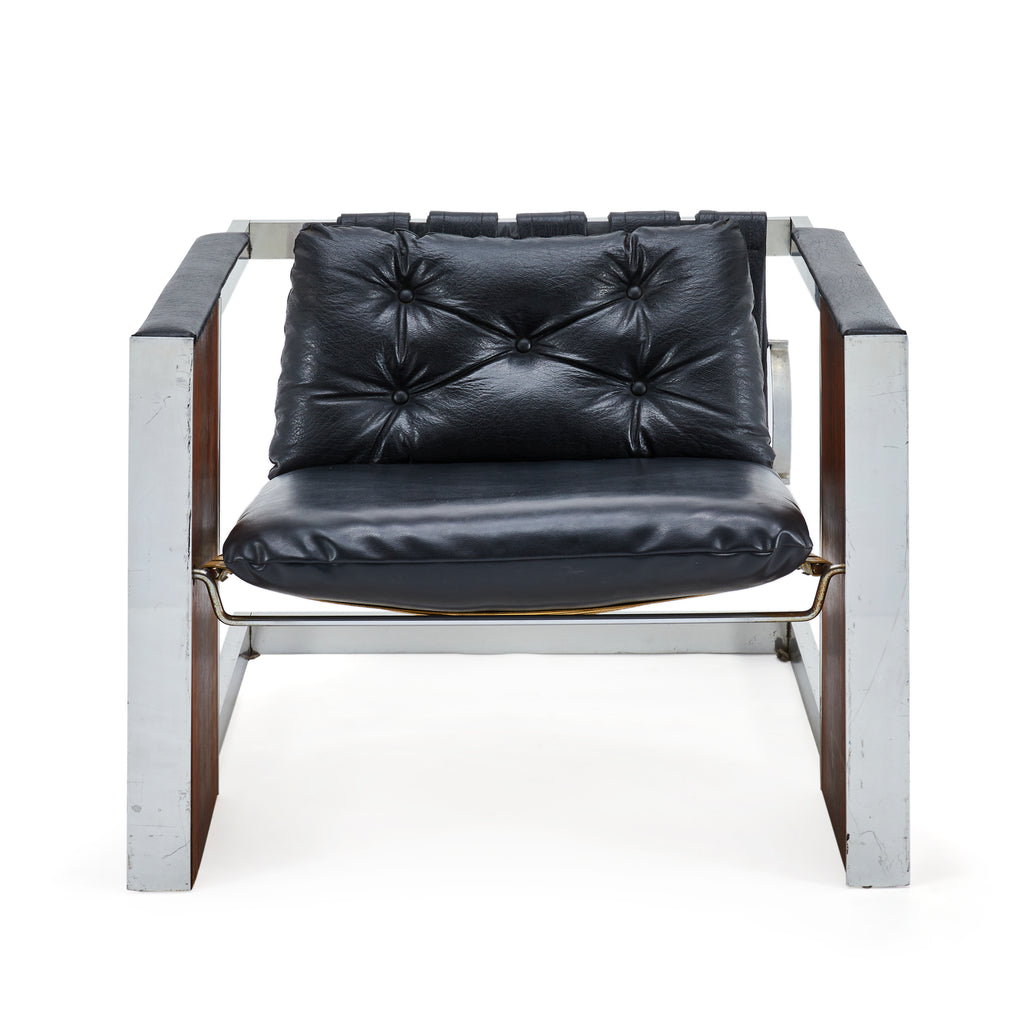 Black Leather Chrome & Wood Mid Century Lounge Chair