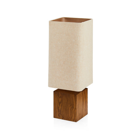 Wood Block Table Lamp w/ Tall Beige Rectangular Shade