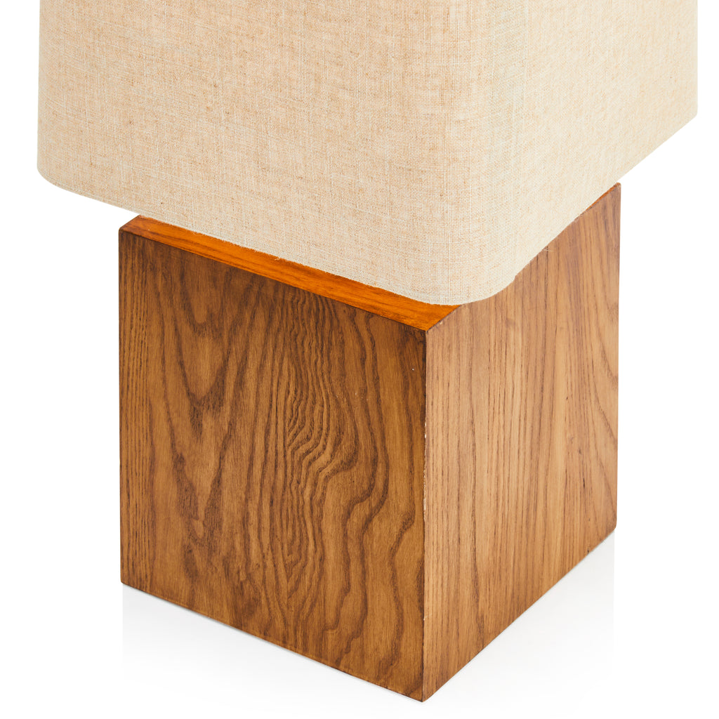Wood Block Table Lamp w/ Tall Beige Rectangular Shade