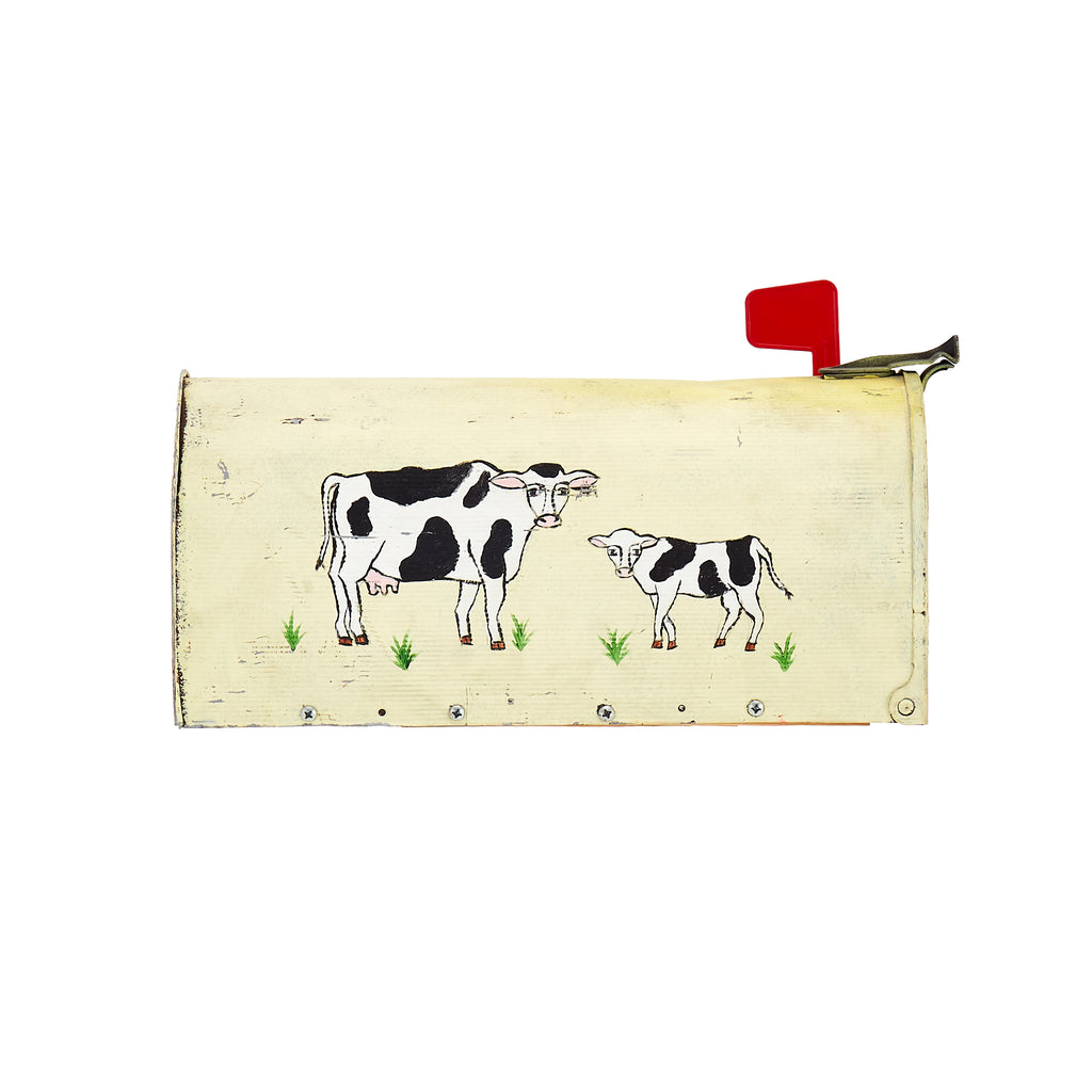 Yellow Painted Mailbox With Cow Art