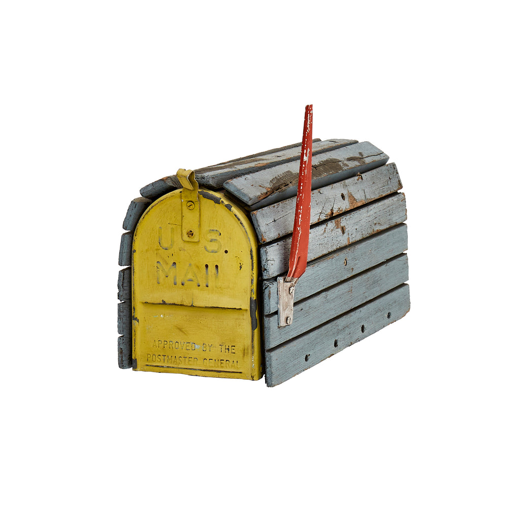 Blue and Yellow Wood and Metal Mailbox