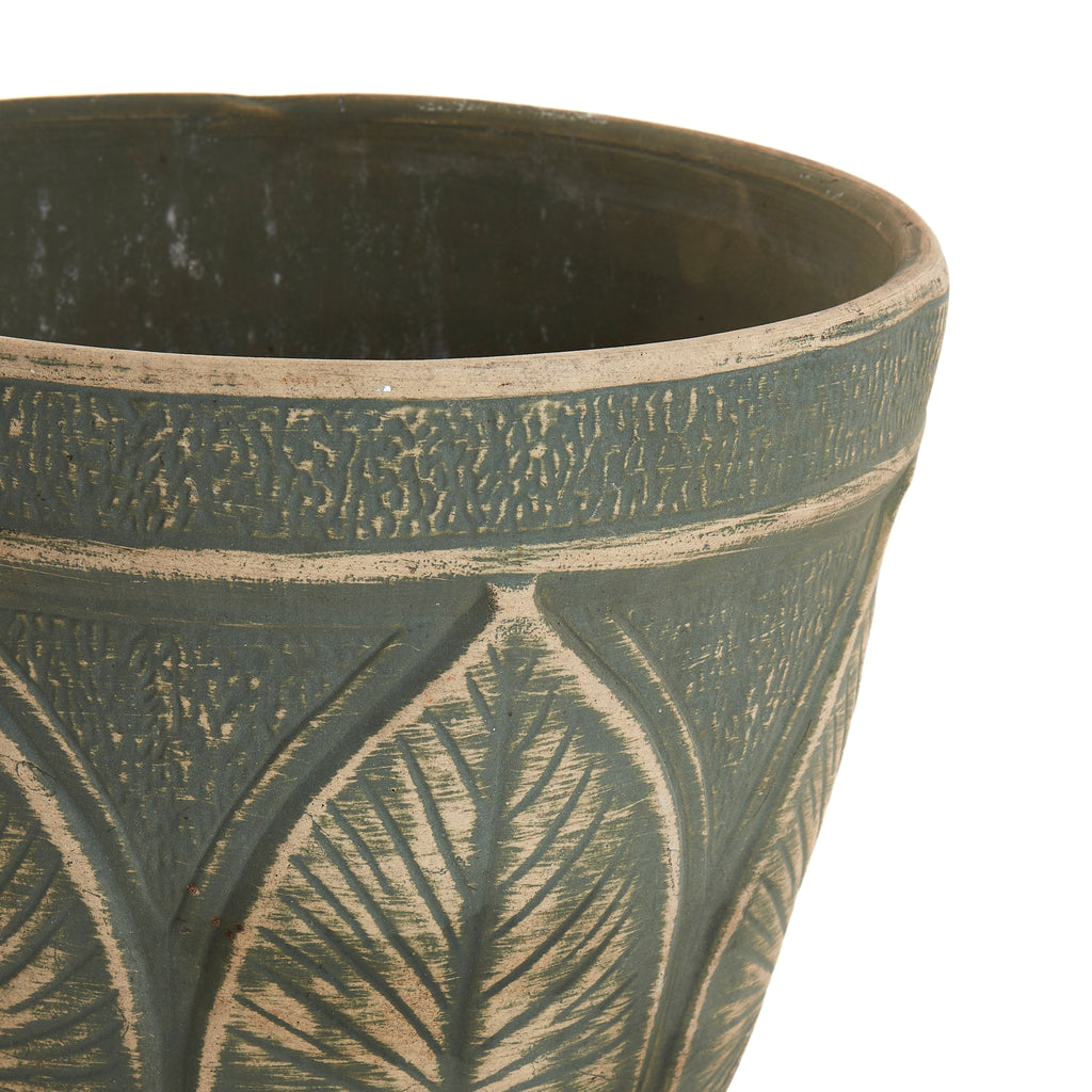 Green Ceramic Planter With Leaf Designs