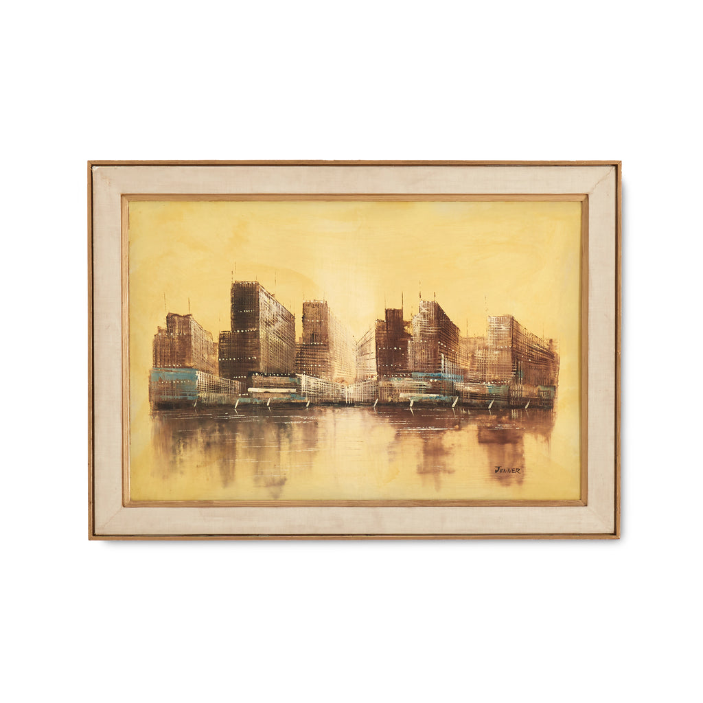 Abstract Yellow City Painting w/ Frame