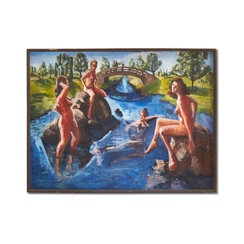 Naked Women Bathing in Stream Painting